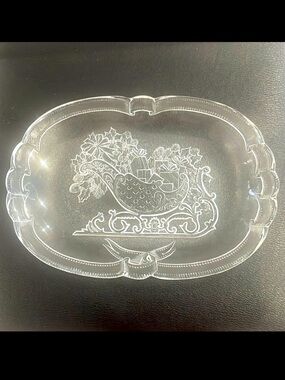 Vintage Mikasa Japan Santa’s Sleigh Frost pattern clear glass serving platter.